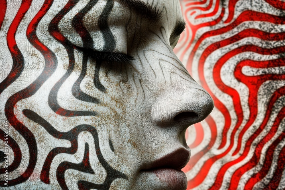 Poster intricate patterns adorn a face with bold lines and colors in a creative artwork setting
