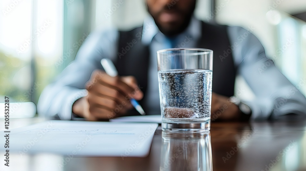 Poster remote professional preparing for a virtual meeting with notes and a glass of water on their desk st