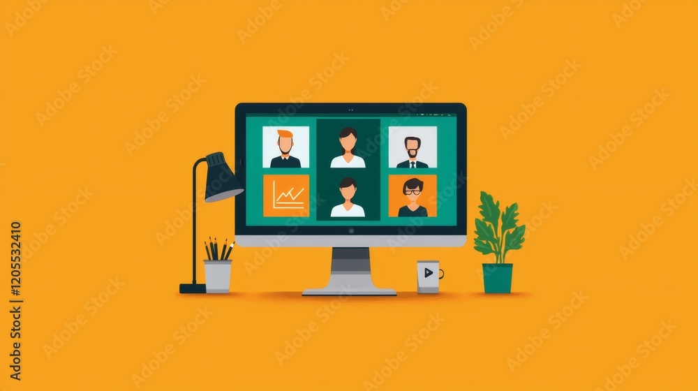 Poster Illustration of a smooth virtual meeting experience showing stable internet connection and polite interactions Stock Photo with side copy space