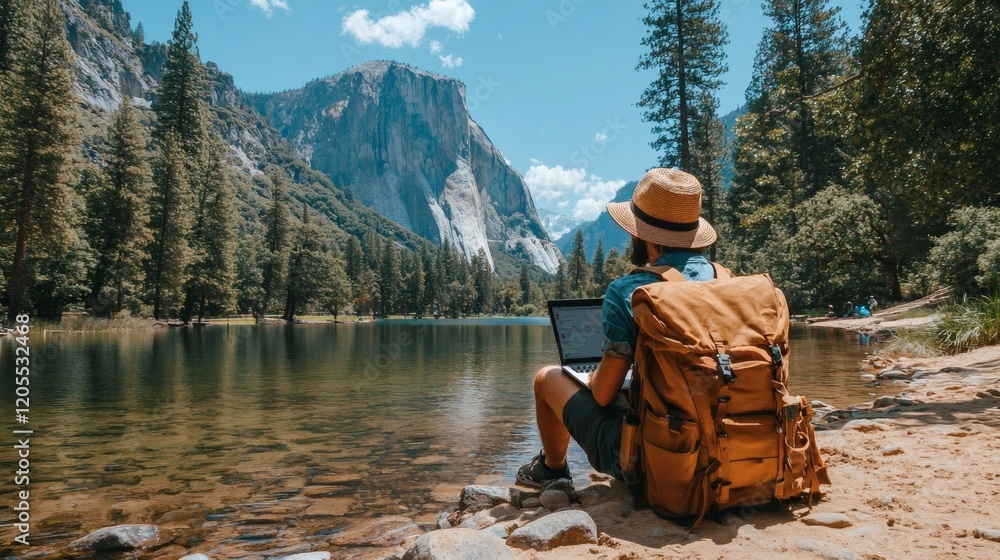 Poster Digital nomad working on a laptop from a scenic location with mountains and a lake in the background Stock Photo with side copy space