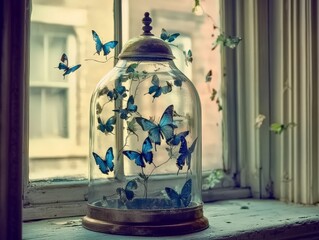 A glass dome showcases vibrant blue butterflies, symbolizing beauty and nature's fragility.