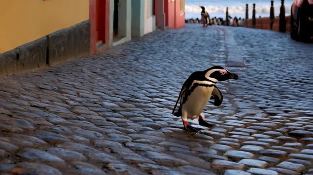 African penguin clumsily walking trough Simon town streets going home. Beach Penguin Colony, Simon s Town Cape Town, South Africa. Unique shot of wild animals in their natural habitat. Wildlife nature