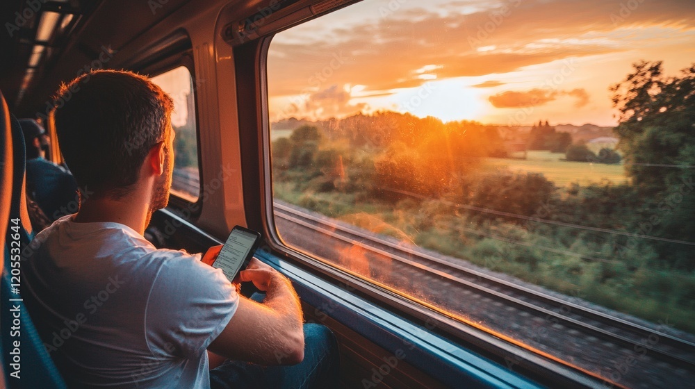 Poster young professional using mobile internet to work from a train seat with a view of rolling hills stoc