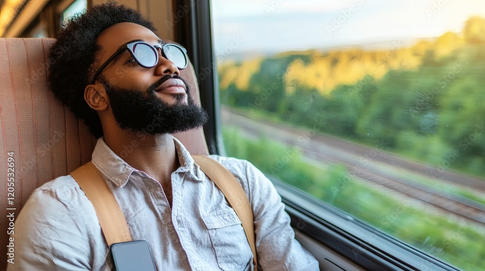 Poster young professional using mobile internet to work from a train seat with a view of rolling hills stoc