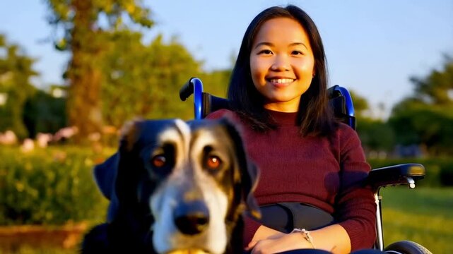 Asian handicapped girl with paralysis living full life. Portrait of disabled happy young woman in wheelchair with her guide dog looking at camera. Outdoor summer shot