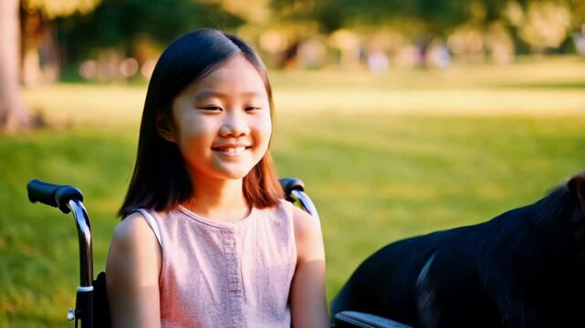 Asian handicapped girl with paralysis living full life. Portrait of disabled happy young woman in wheelchair with her guide dog looking at camera. Outdoor summer shot