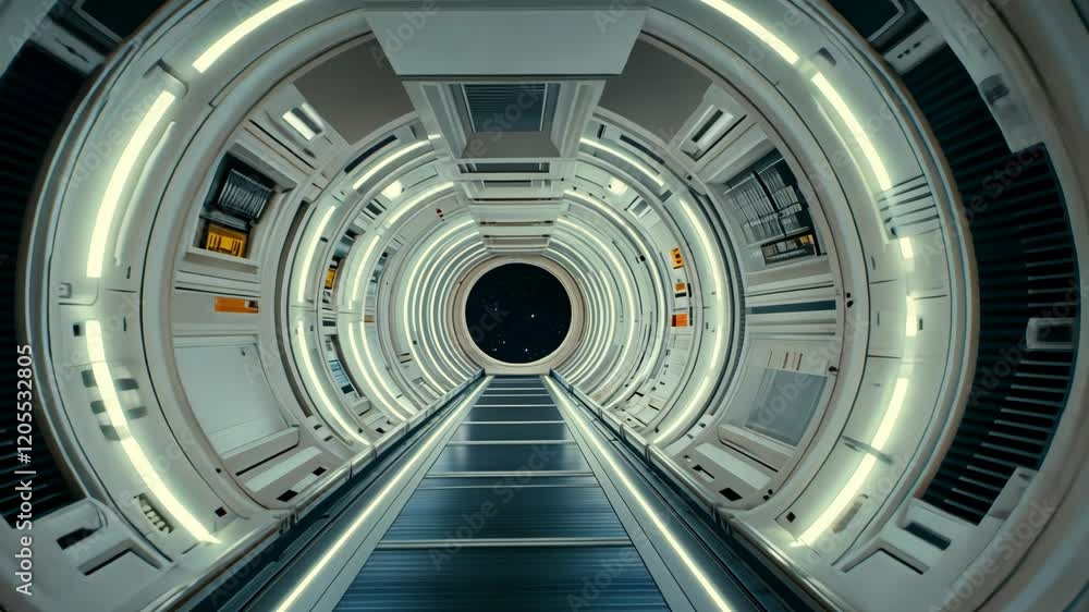 Poster Elevator shaft leading into the dark void of space with illuminated walls in a futuristic setting