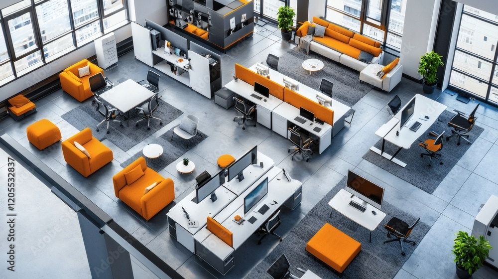 Poster Illustration of a flexible workspace concept showing multiple environments such as home cafes and coworking spaces Stock Photo with side copy space