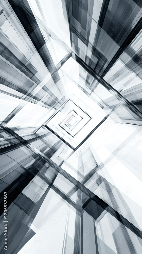 Fototapete Low angle view of modern glass architecture creating abstract geometrical pattern converging towards vanishing point