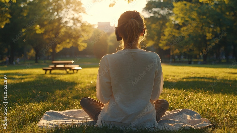 Poster Remote worker on a video call while sitting in a bright park with trees and a picnic bench Stock Photo with side copy space