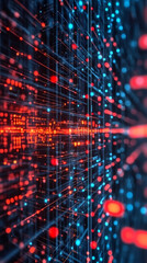 Futuristic server room visualizing data transfer with glowing nodes and connections, embodying big data and cloud computing