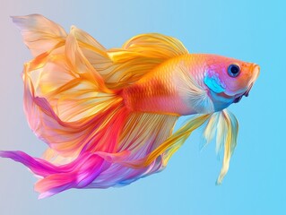 Fototapeta premium A vibrant goldfish with flowing fins against a colorful gradient background.