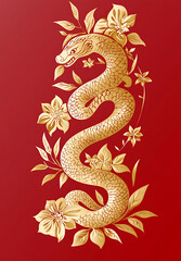 Obraz premium Golden Serpent Entwined with Elegant Floral Design on Red Background A Luxurious Asian Art Graphic