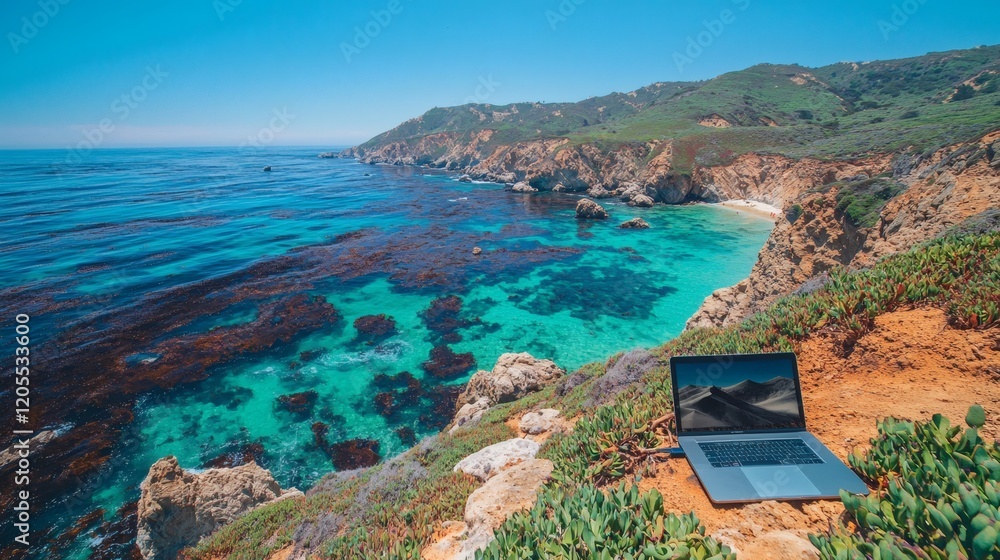 Poster work-from-anywhere setup featuring a mobile hotspot a compact laptop and a scenic ocean view stock p