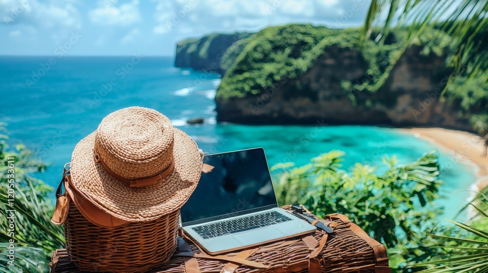 Aufkleber work-from-anywhere setup featuring a mobile hotspot a compact laptop and a scenic ocean view stock p