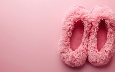 Fototapeta premium Fluffy pink slippers resting on a pastel pink background