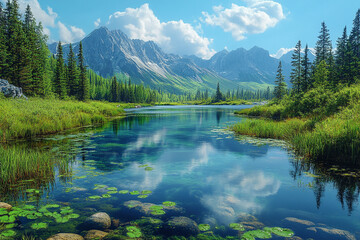 Fototapeta premium Serene Mountain Lake Reflecting Majestic Peaks