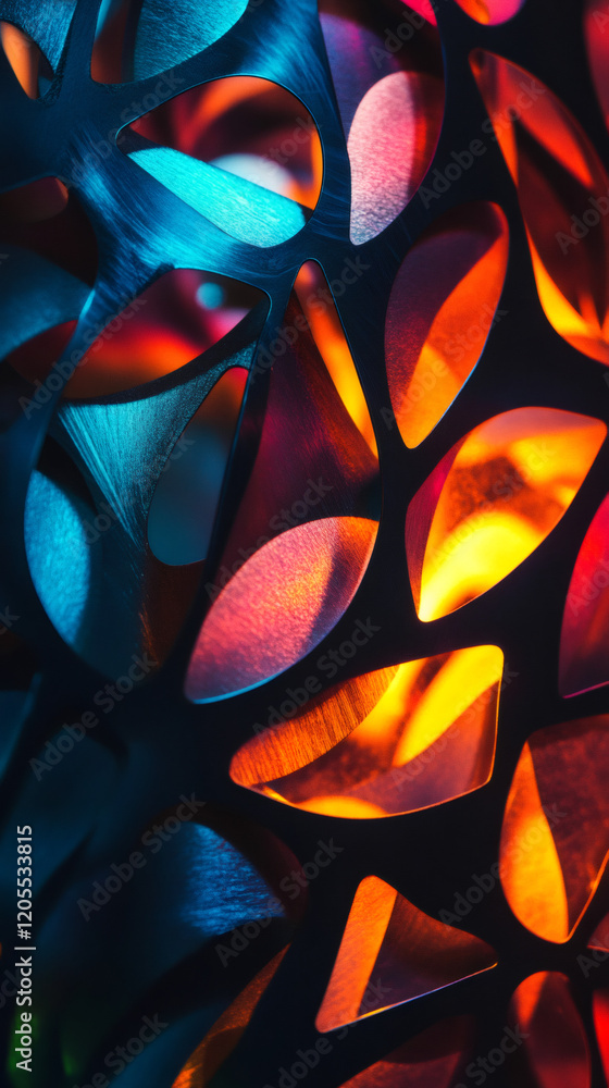 Poster metallic architectural structure featuring warm-toned illumination, casting vibrant geometric shadow