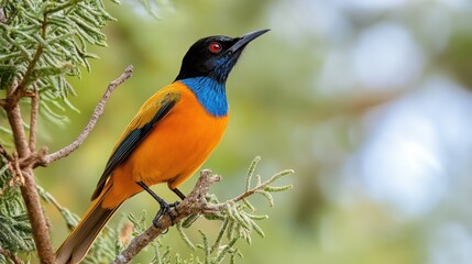 Fototapeta premium Superb starling with vibrant orange plumage perched on a tree branch looking upwards