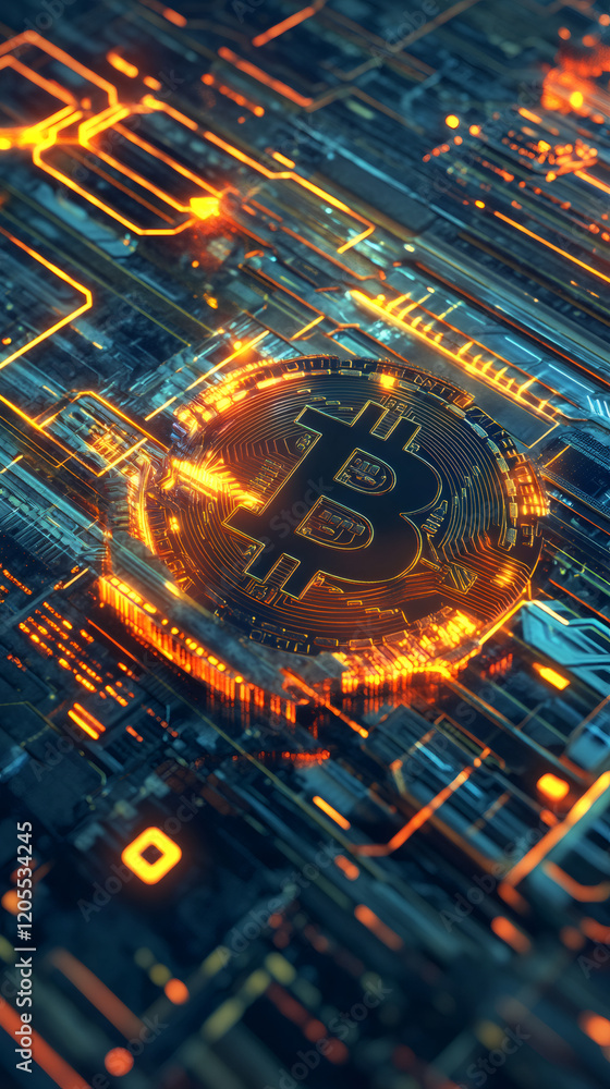 Leinwandbilder bitcoin glowing on a futuristic circuit board, suggesting the integration of cryptocurrency into tec