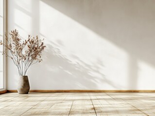 A serene interior space with a vase of dried plants and natural light casting shadows.