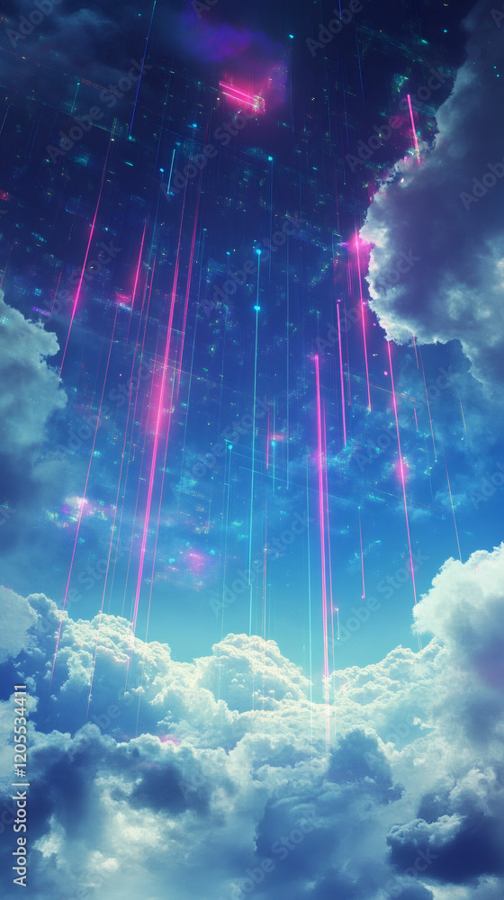 Fototapete luminous pink and cyan light rays piercing through brooding cloudscape, casting ethereal glow