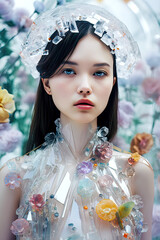 Portrait of a Woman with Crystals and Flowers around her. Generative AI, non-existent person.	