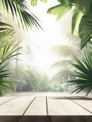Lush tropical scene with a wooden platform surrounded by vibrant greenery and soft light.