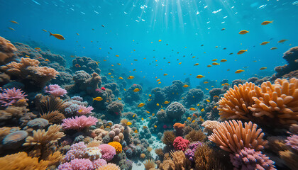 Obraz premium Vibrant Coral Reef Teeming with Colorful Fish Under Sunlit Waters