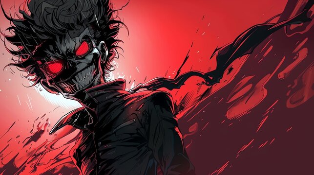 An anime-style illustration of a menacing figure with red eyes.