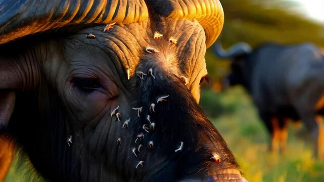 Extreme Close-up of Cape Buffalo with massive horns. many mites suck to bull skin drink blood. Annoying parasites. Wild animals of South Africa in natural habitat. Conservation nature in national park