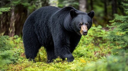 Majestic Black Bear Roaming Through Lush Green Forest Scene