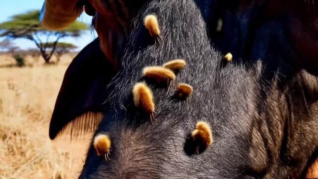 Extreme Close-up of Cape Buffalo with massive horns. many mites suck to bull skin drink blood. Annoying parasites. Wild animals of South Africa in natural habitat. Conservation nature in national park