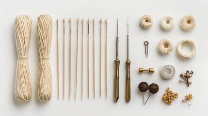 Delicate strands of wool intertwine with a selection of sewing needles and pins, arranged meticulously on a clean white surface, capturing the essence of artistic craftsmanship and meticulous detail.