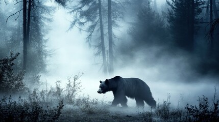 Bear Walking Through Foggy Forest in Atmospheric Twilight Setting