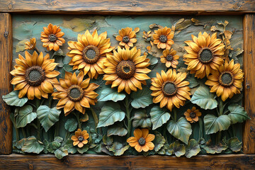 Sunflowers and foliage art in wooden frame