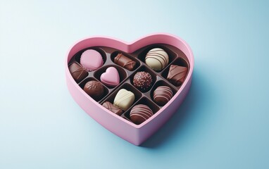 Light pink heart box of assorted chocolates placed on a pastel blue backdrop, designed for a sweet Valentines Day and Womens Day surprise