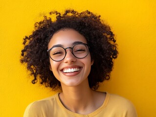 Obraz premium A smiling person with curly hair and glasses against a bright yellow background.