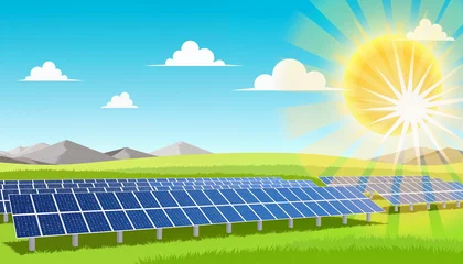 Fototapete Rund Solar panels shining in sunny field, renewable energy concept © Nataly