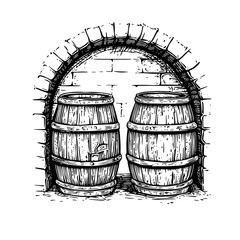 Crafting dreams within rustic barrels under the old stone arch in a timeless cellar