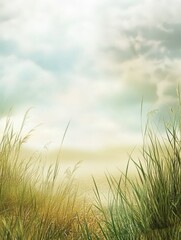Fototapeta premium A serene landscape featuring tall grass under a soft, cloudy sky.