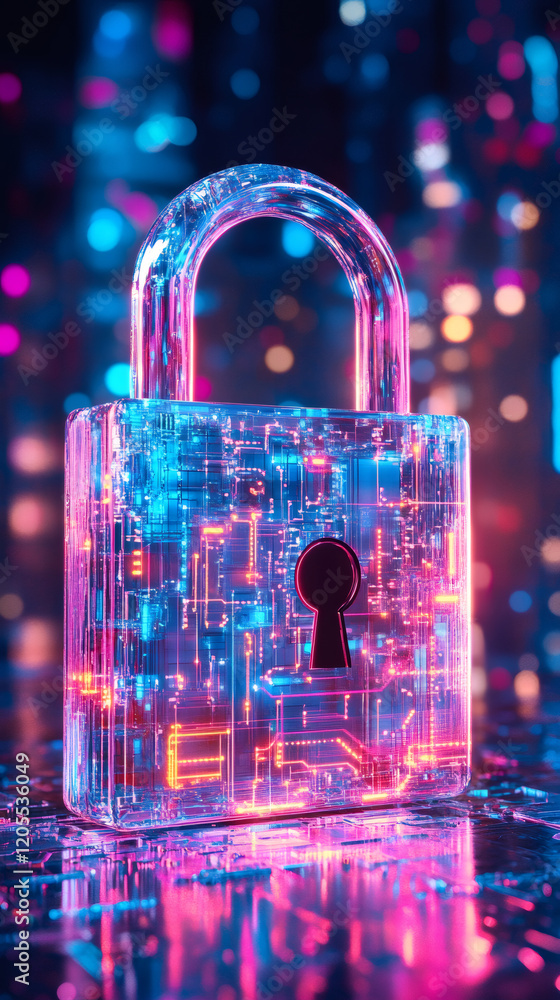 Poster digital lock featuring illuminated circuitry, symbolizing cybersecurity and network protection
