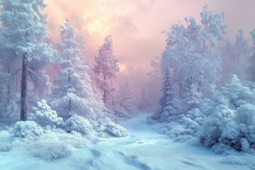 Winter landscape with frosty trees and a colorful sky at sunrise in a serene forest