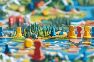 Fototapeta premium Colorful Game Pieces on a Scenic Board Game