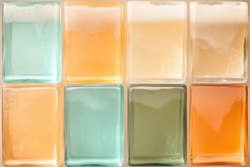 Colorful Collage of Assorted Beer Glasses Arranged in an Artistic Grid With Soft Lighting Enhancing Their Vibrant Hues