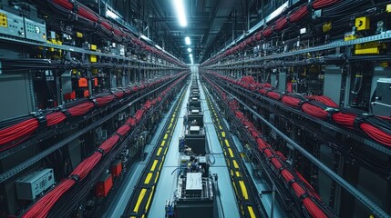 Extensive server room; many cables and equipment.