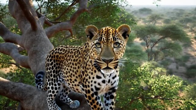 Leopard or panther on a tree with eye contact during outdoor jungle safari at Namibia - panthera pardus fusca. Close up shot of wild male leopard. shot on cinema camera during scientific expedition