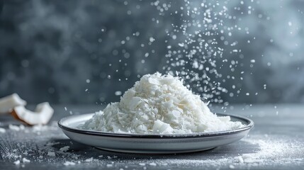 Crisp coconut flakes sprinkled on a modern white dessert plate.