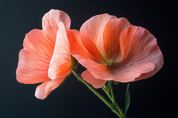 Two delicate coral flowers bloom against a dark background