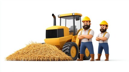 Two cartoon construction workers stand beside a yellow bulldozer and a pile of straw, showcasing teamwork in a farm or construction setting.
